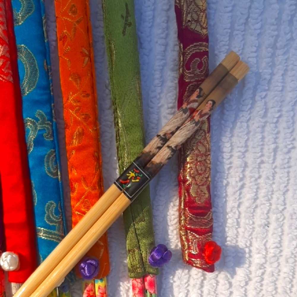 Deluxe Painted Chopsticks With Embroidered Covers SET OF 9 wth Cats, Flowers Etc